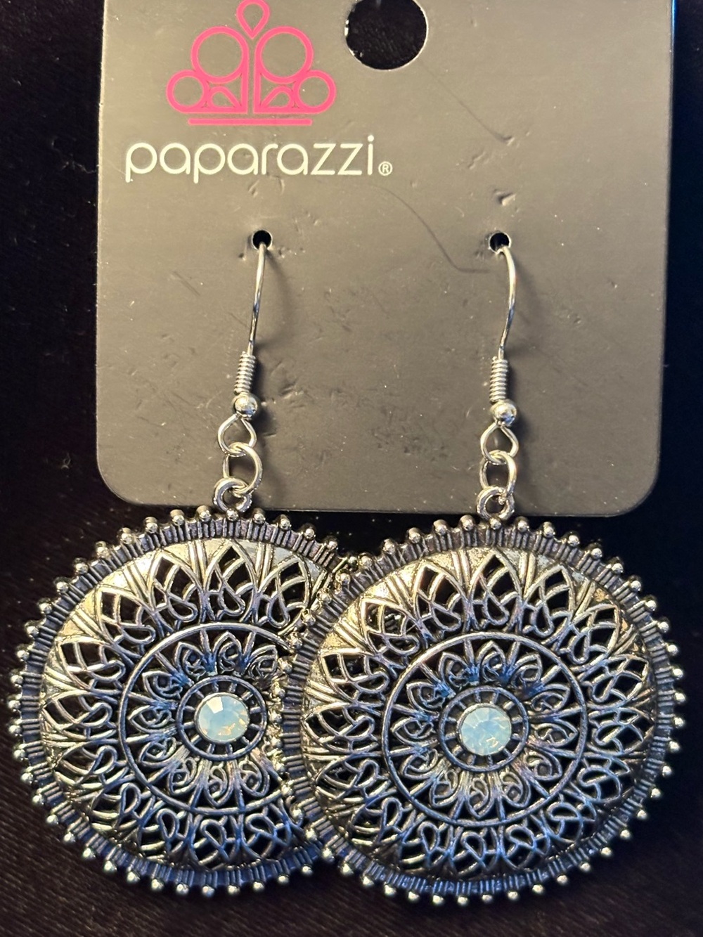 paparazzi Silver Filigree Round Drop Earrings with Opalescent Center